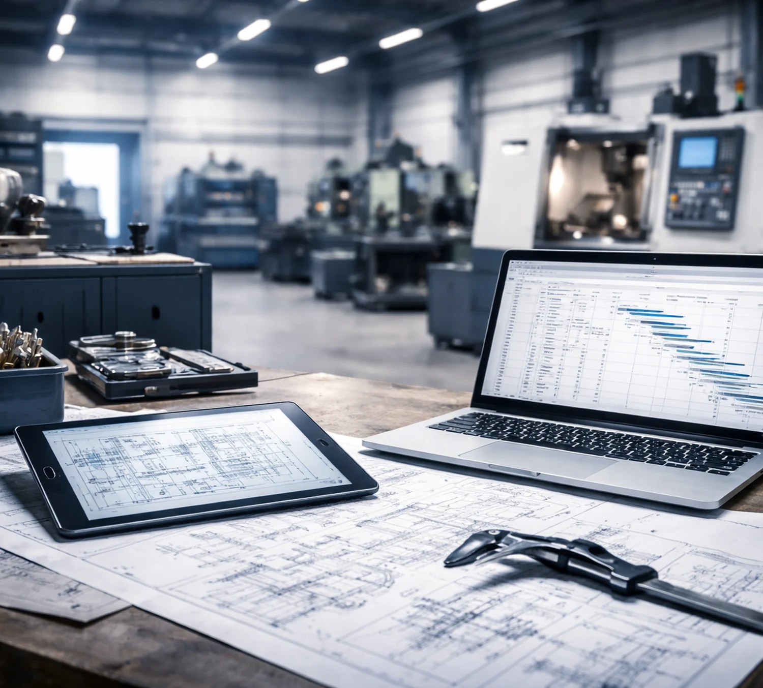 Industrielle Maschinenhalle mit Laptop und technischen Unterlagen für Maschinenbau und Retrofit