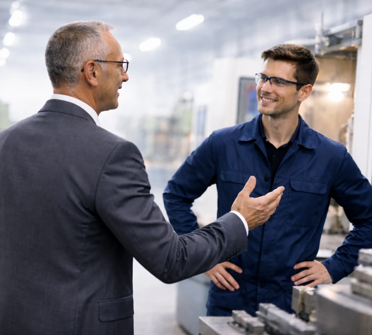 Technischer Partner von ISC im Gespräch mit Produktionsmitarbeiter an einer Maschine