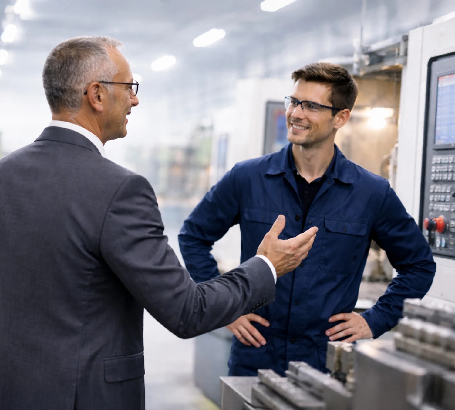 Technisches Gespräch an einer Maschine als Bild für ISC Sondermaschinenbau und Automatisierung